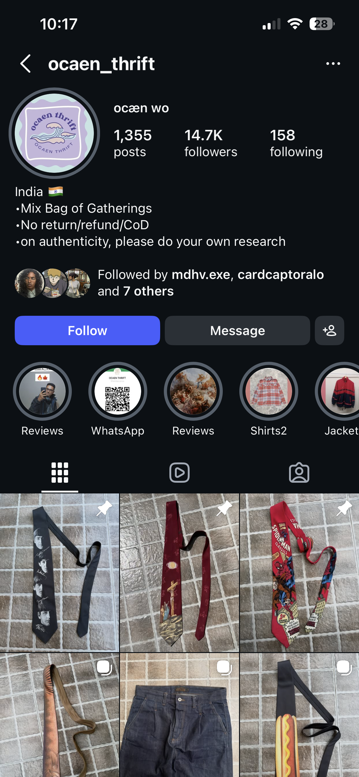 Ocaen Thrift Instagram profile