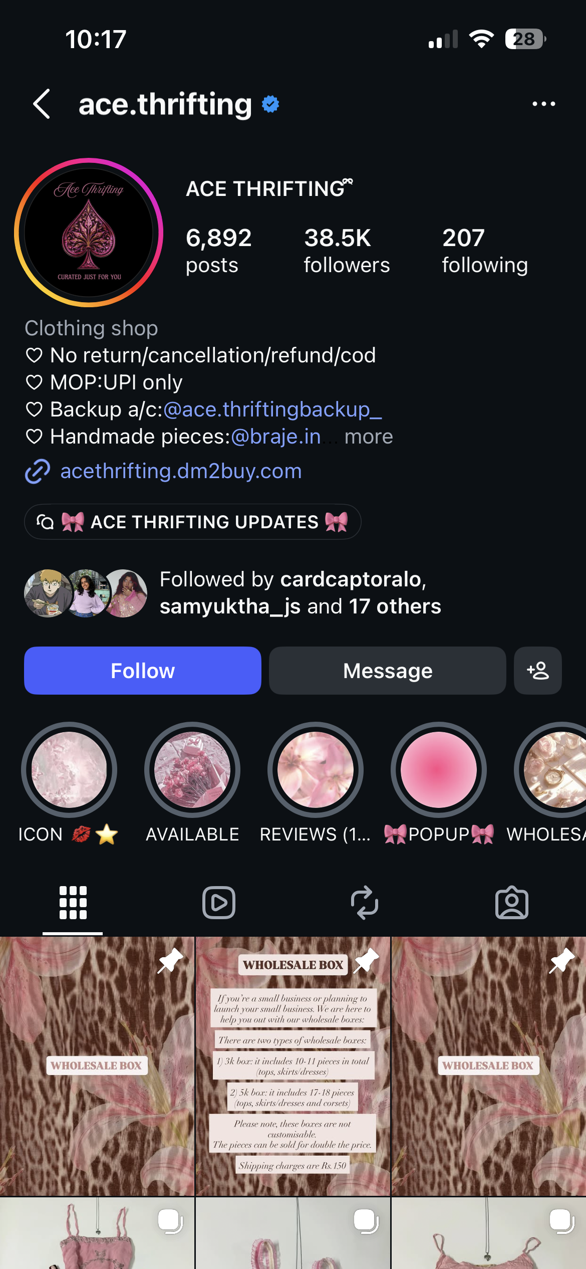 Ace Thrifting profile with backup account